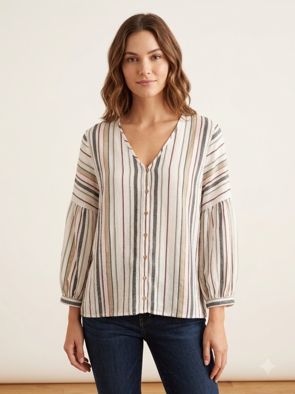 Liverpool White Button-Front Blouse with Navy, Red & Olive Stripes